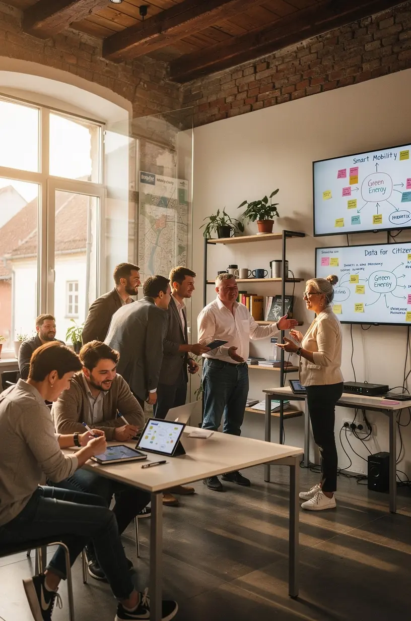 Persoană prezentând soluții tehnologice inovatoare într-un seminar dedicat transformării digitale locale.